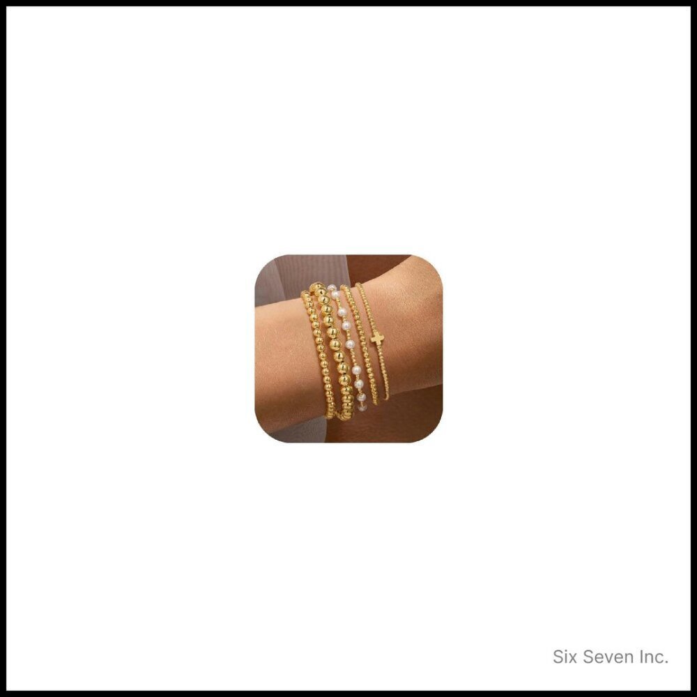 Dainty Gold Plated Pearl Cross Beaded Bracelet Set Stackable Minimalist